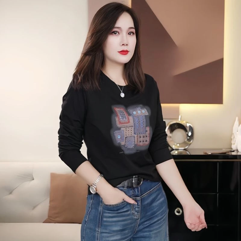 今年流行的爆款宽松显瘦上衣女装秋季新款圆领印花长袖T恤5016