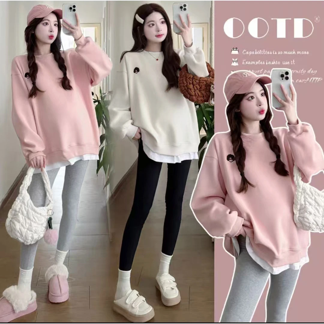 孕妇时尚宽松休闲假两件刺绣长袖卫衣百搭圆领秋冬韩版不显怀上衣