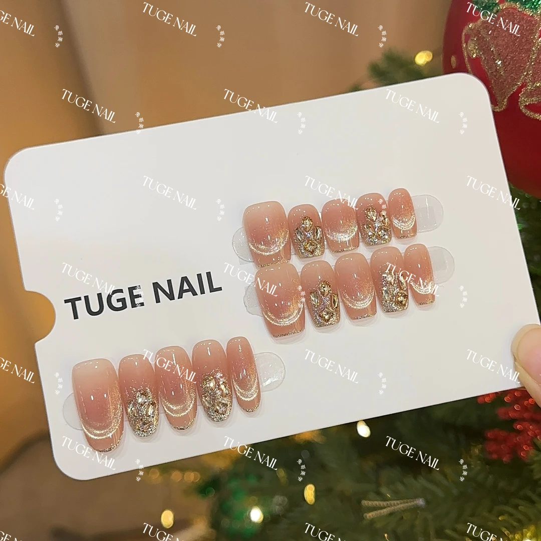 Tuge任敏同款美甲 “塞纳黄昏”显白金边法式猫眼纯欲穿戴甲HJ