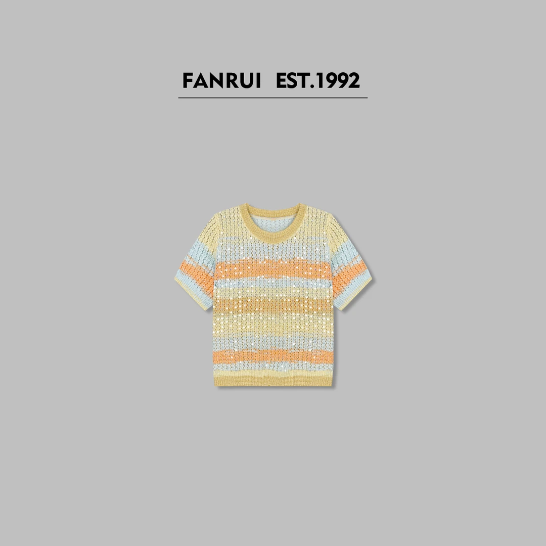 FANRUI/泛芮「柔光铃兰」漂亮小衫新款撞色镂空新款短袖T恤女B15949