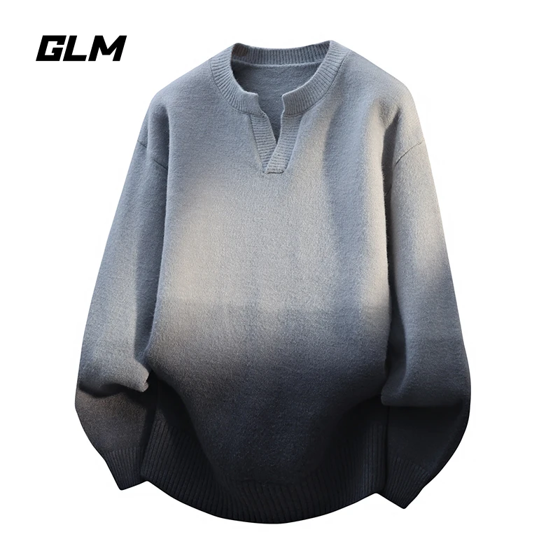 GLM秋冬季新款个性化V领毛衣男士潮流时尚渐变色宽松打底针织衫