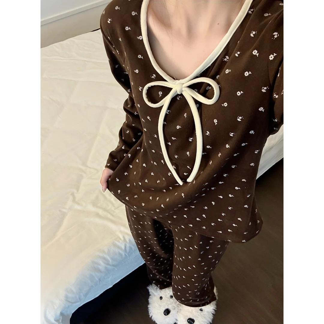 纯欲简约复古蝴蝶结带胸垫睡衣女春秋季长袖长裤家居服套装可外穿