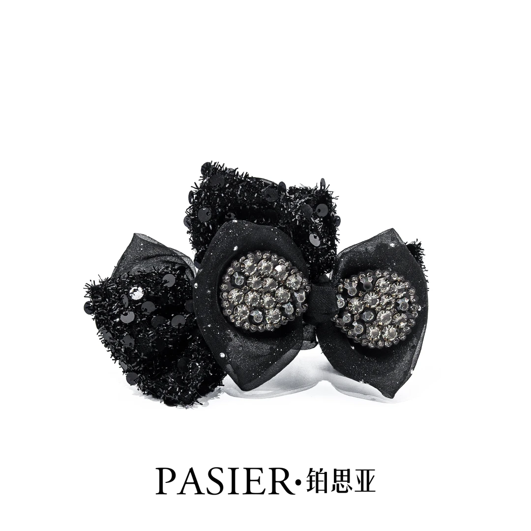 巴黎王妃 8厘米黑色网纱蝴蝶结抓夹气质优雅亮片鲨鱼夹 FB1593黑