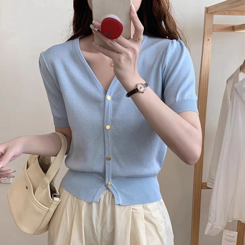 法式蓝色V领短袖针织开衫女薄款短款收腰打底针织衫上衣掐腰小衫