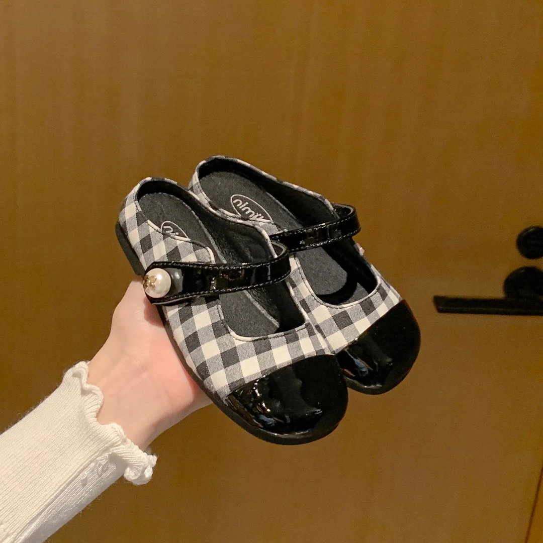 尼米拉【黑白格】小香拖鞋新款夏女童宝宝中大童软底半拖洋气公主鞋