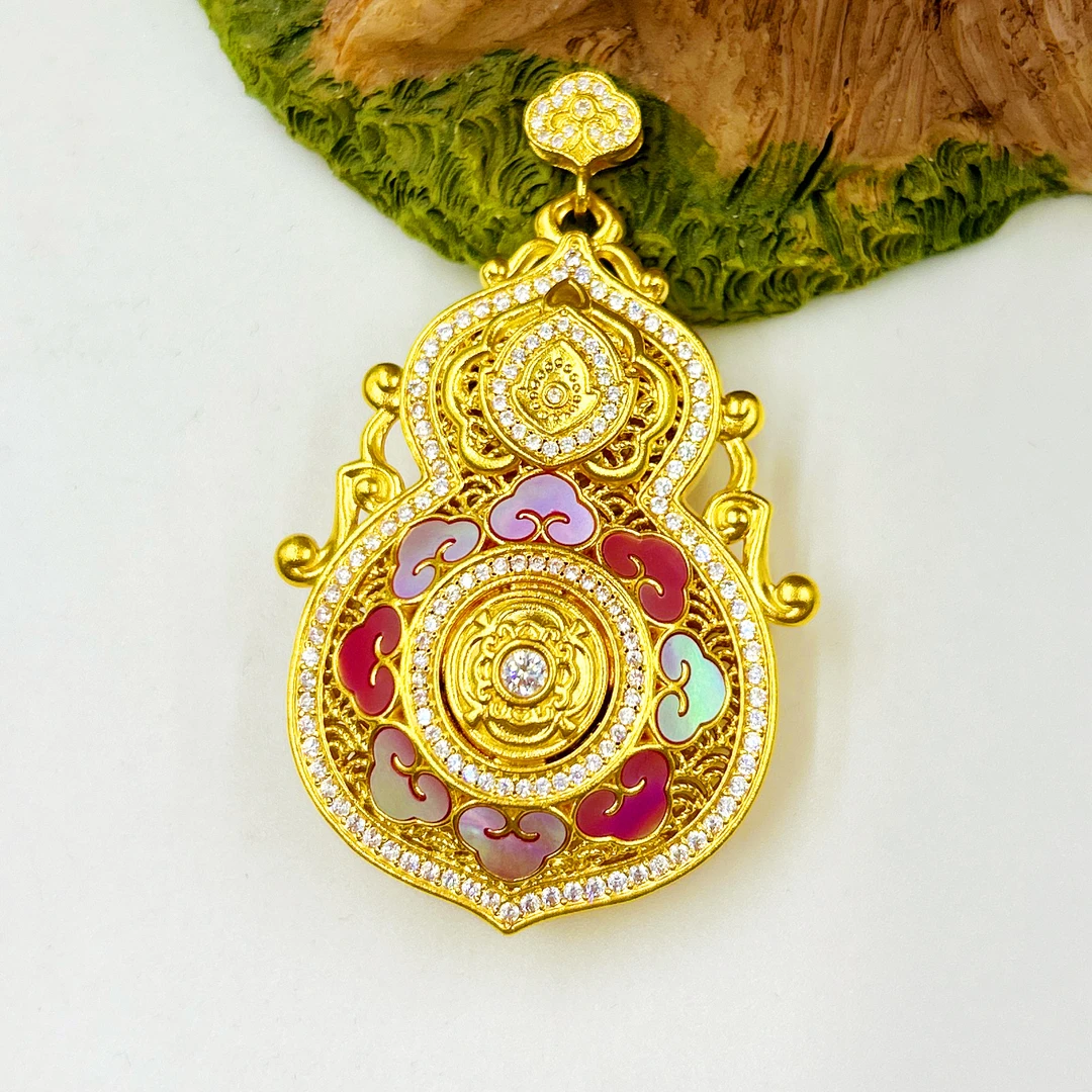 G足金999镶嵌螺钿人生四美葫芦吊坠 5D工艺黄金A1