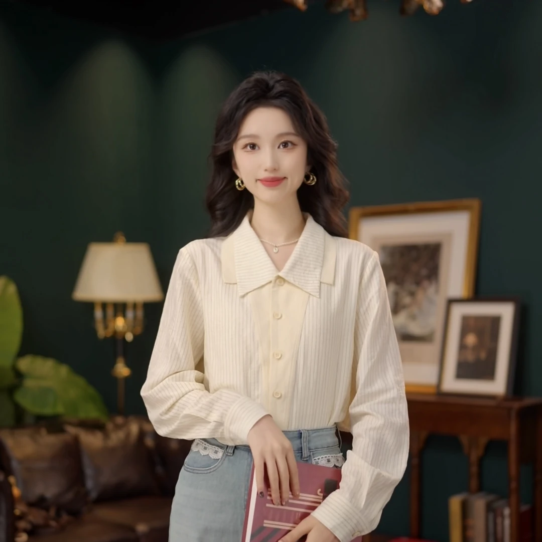 琦琦【典雅莫兰】港风复古纯色长袖衬衫宽松百搭上衣YL3903142