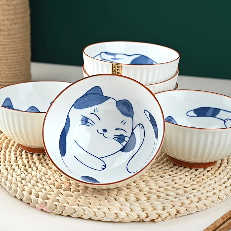 10只装4.5英寸竖纹蓝猫可爱创意家用陶瓷釉下彩防烫吃饭碗米饭碗