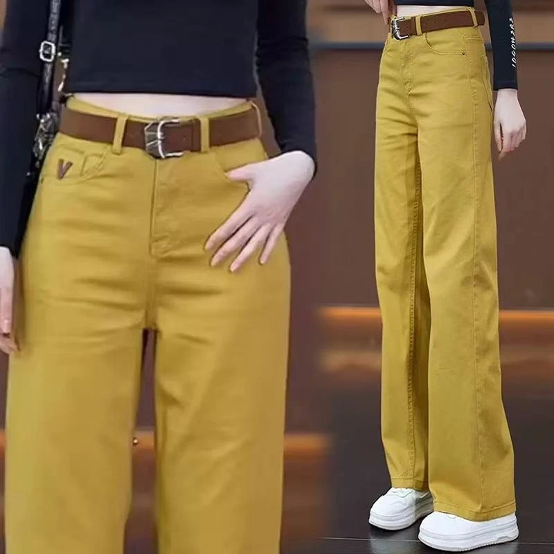 小个子窄版阔腿牛仔裤女春夏季2025新款宽松姜黄色直筒显瘦牡丹裤