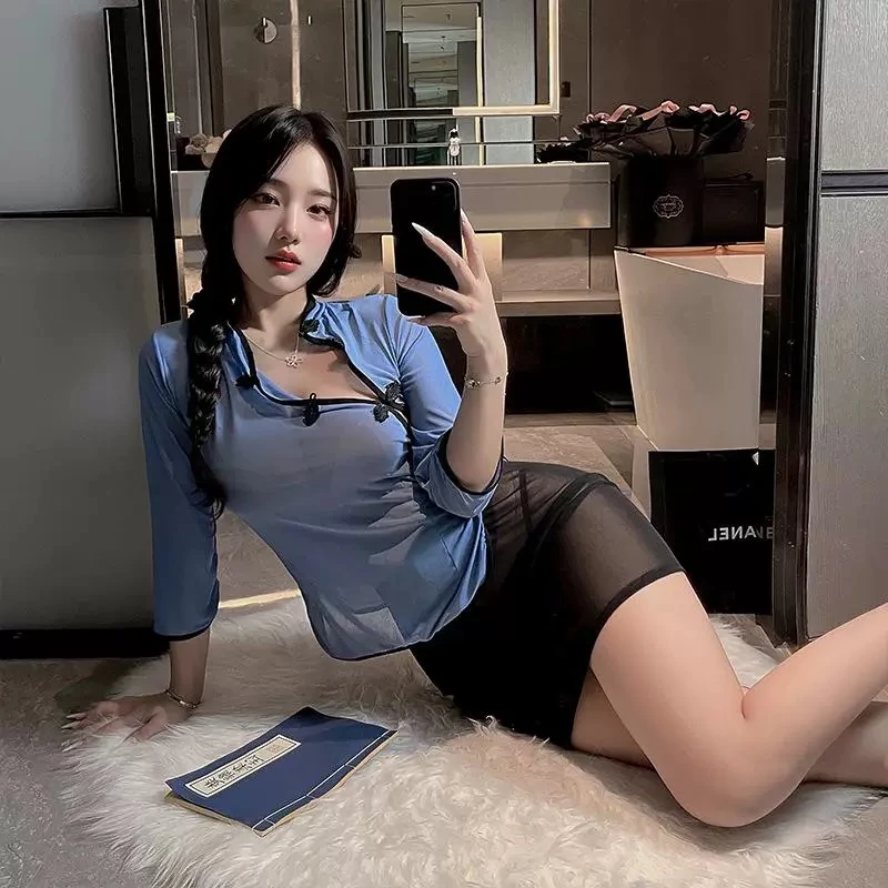 情絮民国学生套装纯欲性感网纱睡裙包臀居家服