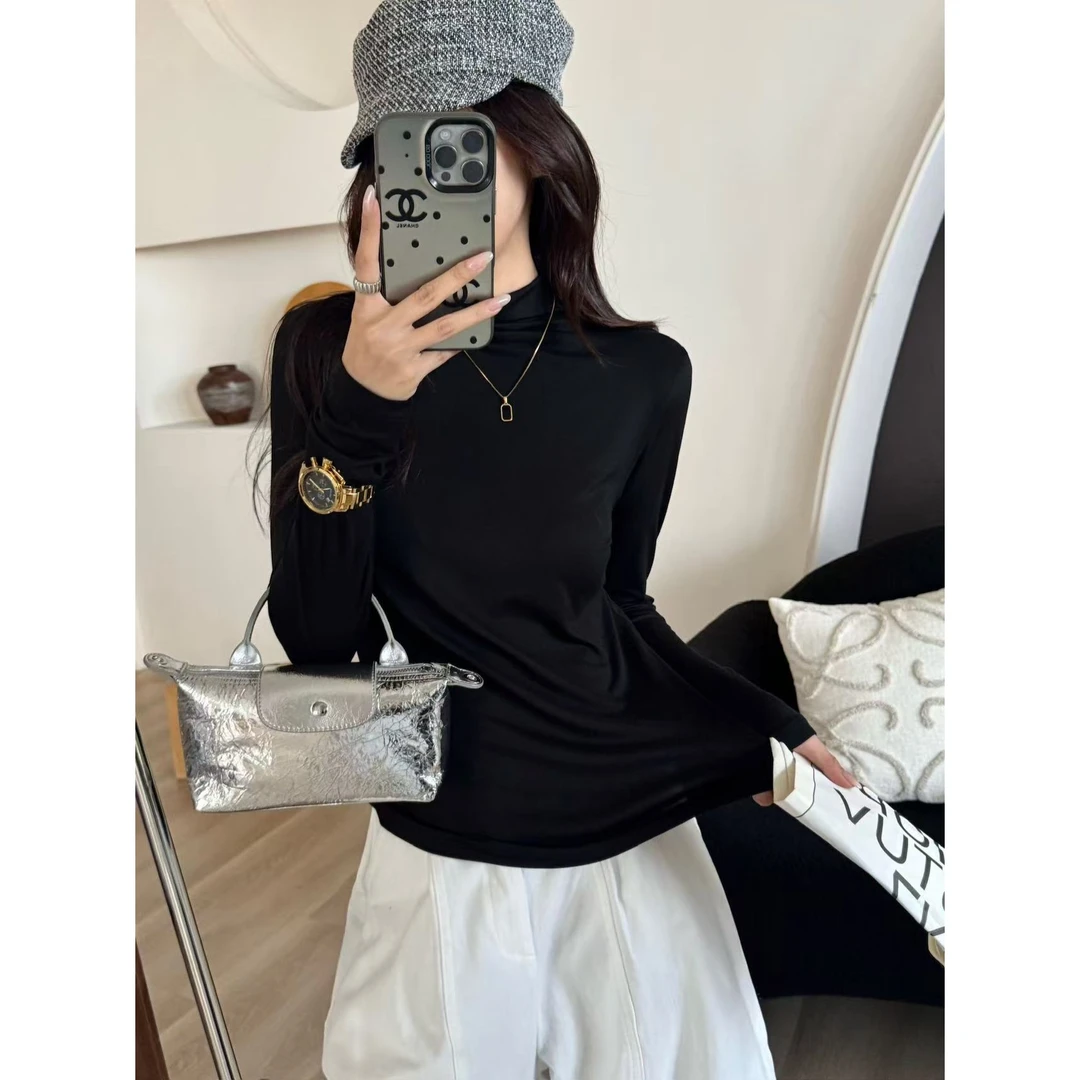 SP小立领水光面膜肌打底衫女半高领秋冬修身显瘦百搭t恤长袖上衣