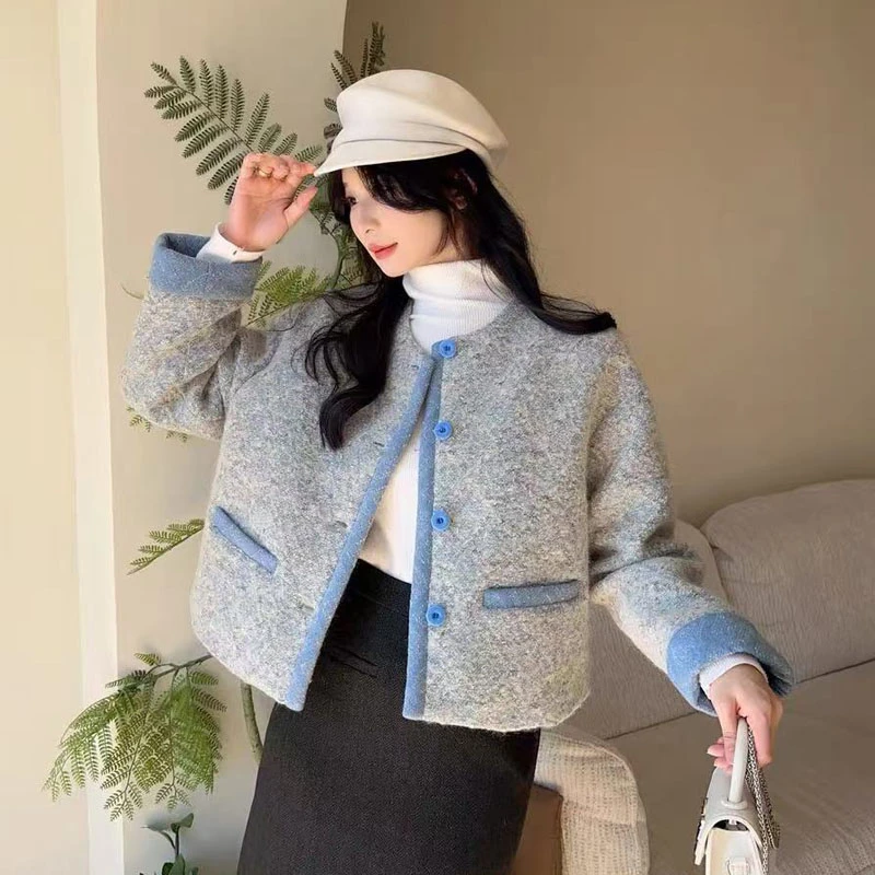 2025冬季新款撞色圆领羊毛小香风羽绒服外套8813