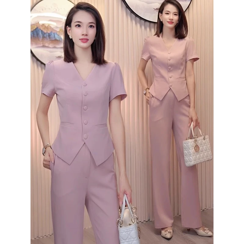 高级网红款炸街西装外套女2025夏季新款时尚气质V领短袖西服套装