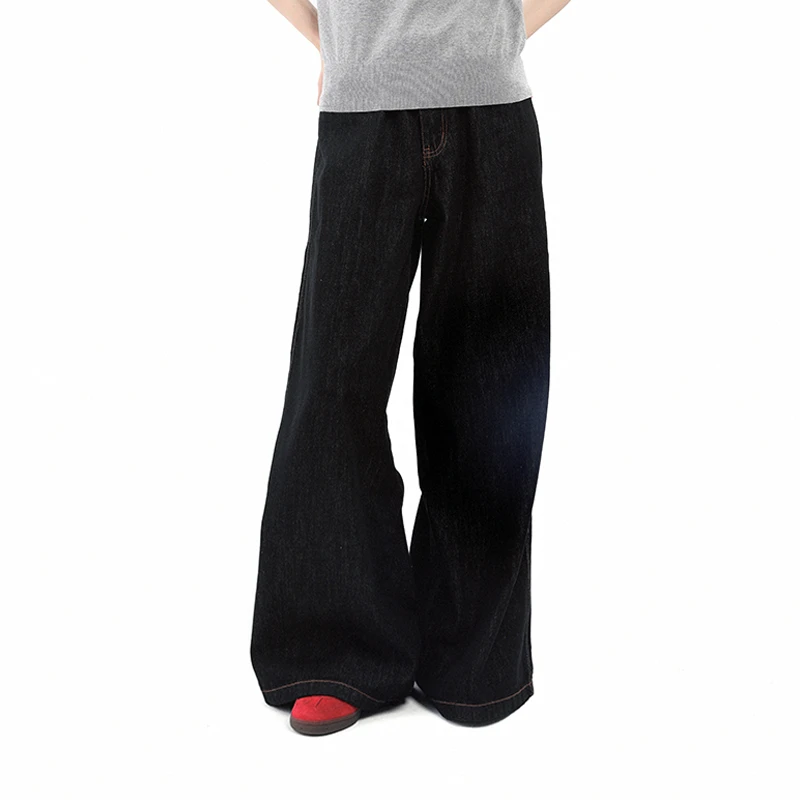 COIE25新品深色复古原牛仔色宽松长裤高腰百搭直筒阔腿堆积感女