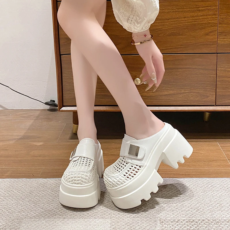 欧货编织包头高跟拖鞋女复古金属厚底松糕走秀款小个子半拖鞋鞋托