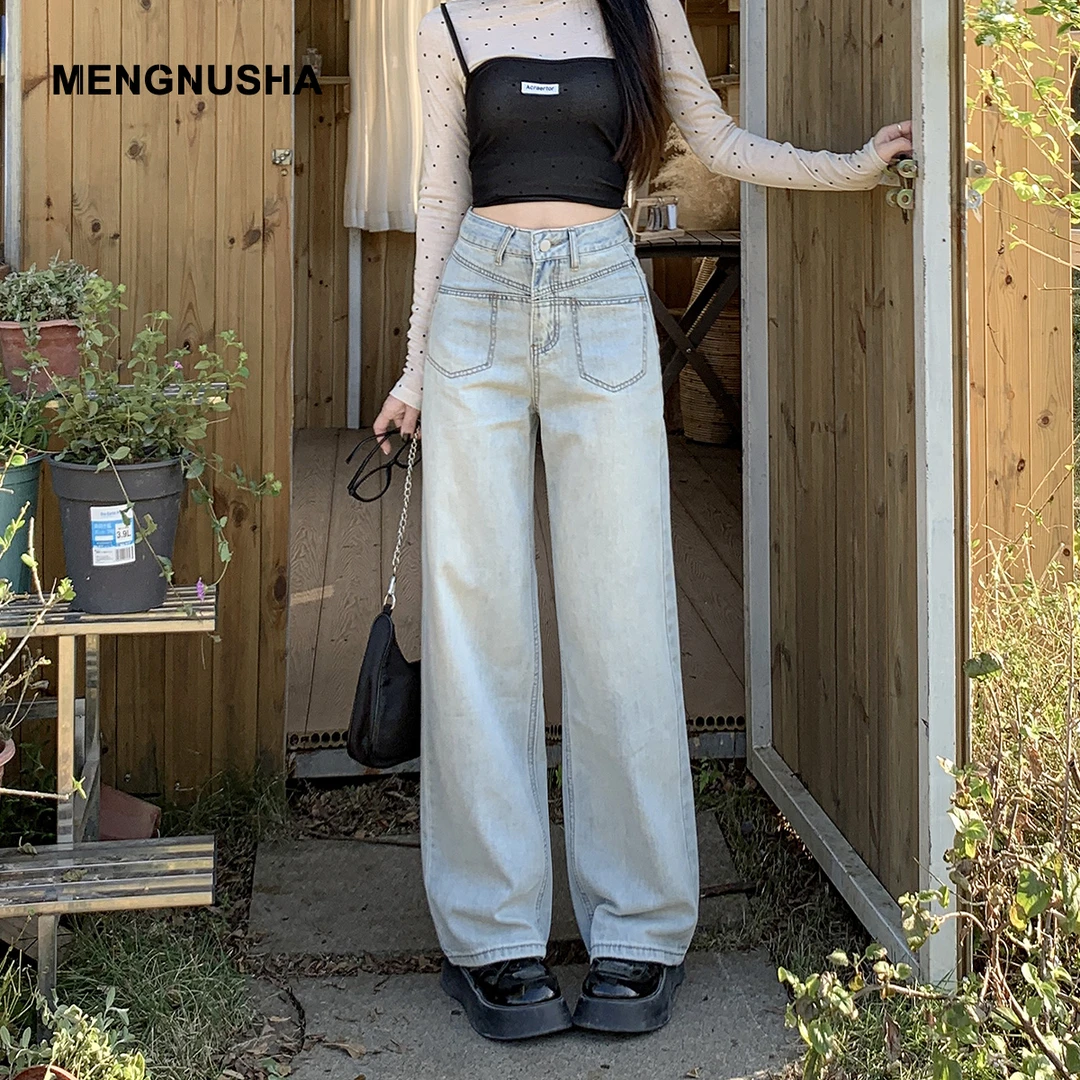 浅色窄版阔腿牛仔裤女秋冬新款小个子时尚百搭高腰宽松显瘦直筒裤