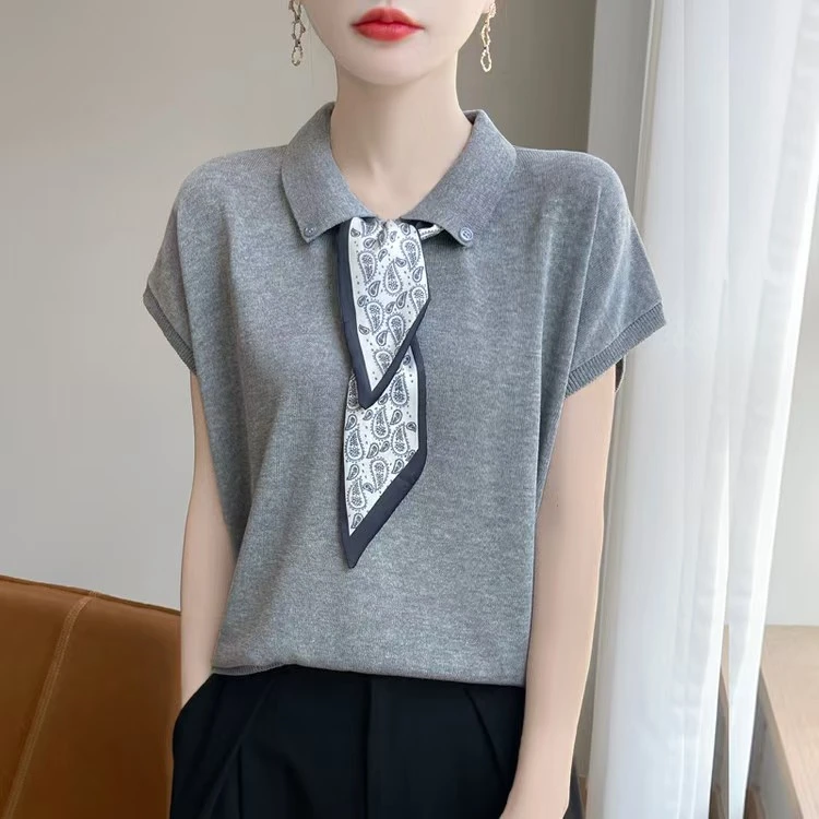 时尚洋气翻领丝巾针织衫夏季新款显瘦上衣女士t恤百搭短袖