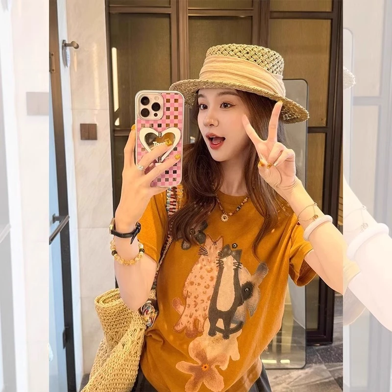 芯娇晴韩版猫咪印花宽松显瘦短袖T恤女2025夏季新款简约休闲上衣