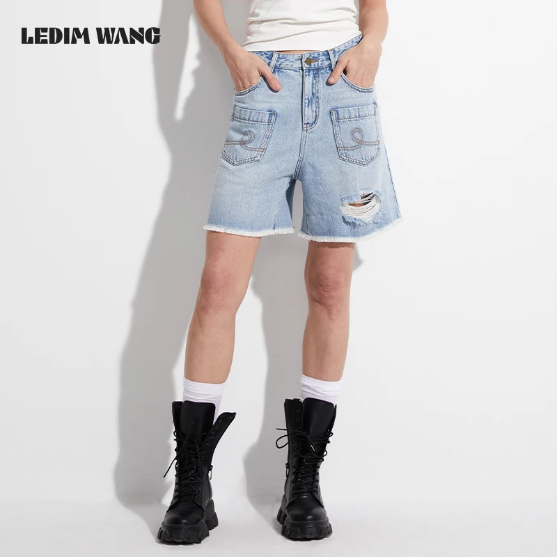 1LEDIM WANG2025夏季新牛仔短裤女中裤休闲宽松破洞氛围感牛仔裤