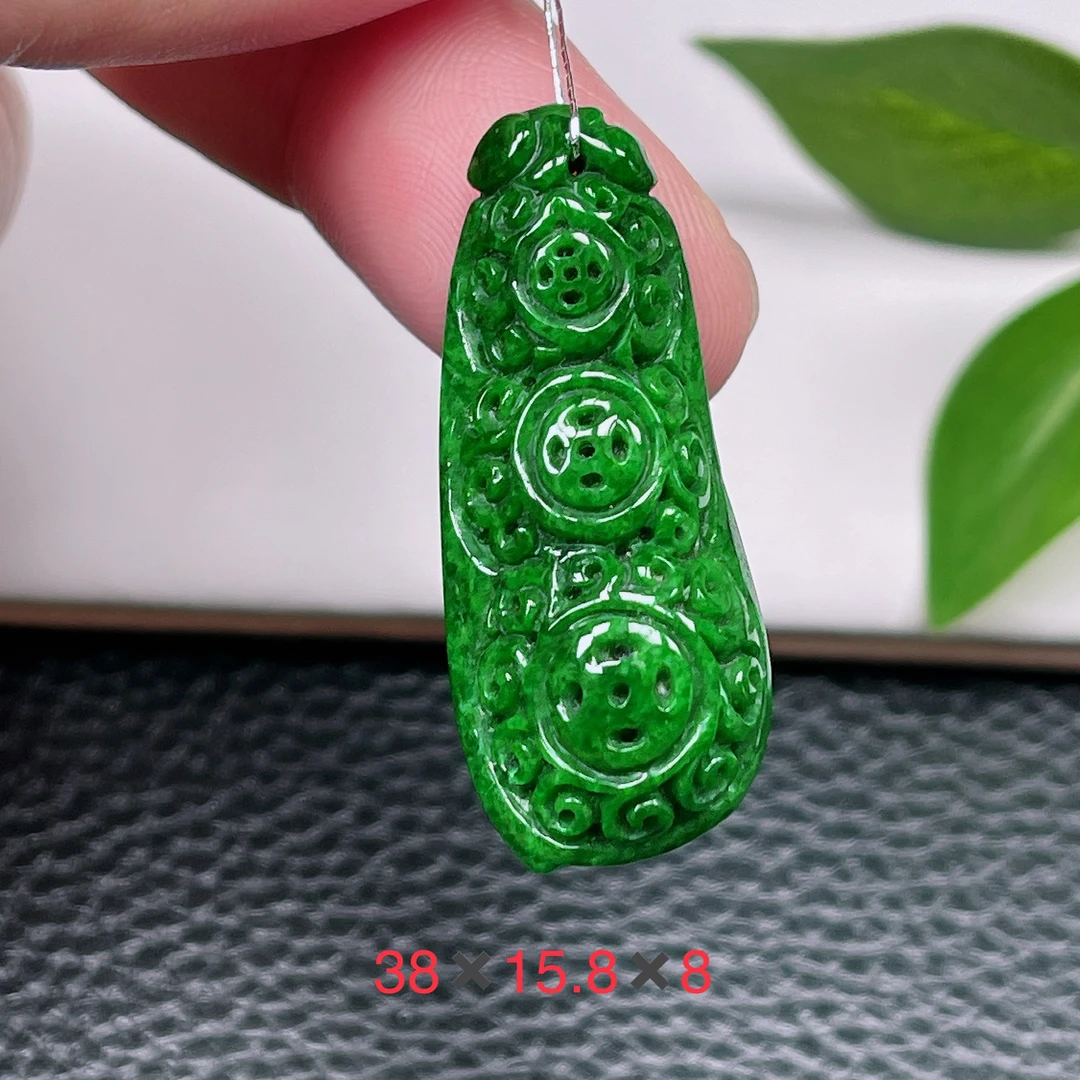 缅甸天然翡翠A货～冰糯种满色玉福豆吊坠满绿福豆玉挂件17