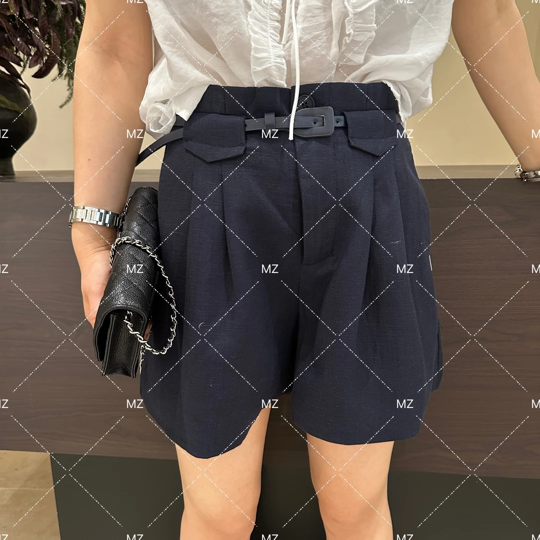 【格子家】夏季设计感高腰显瘦压褶配腰带短裤B037