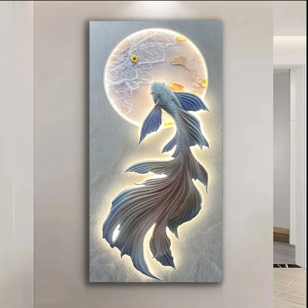 简约大气玄关画 立体浮雕鱼入户走廊玄关装饰画LED灯光画