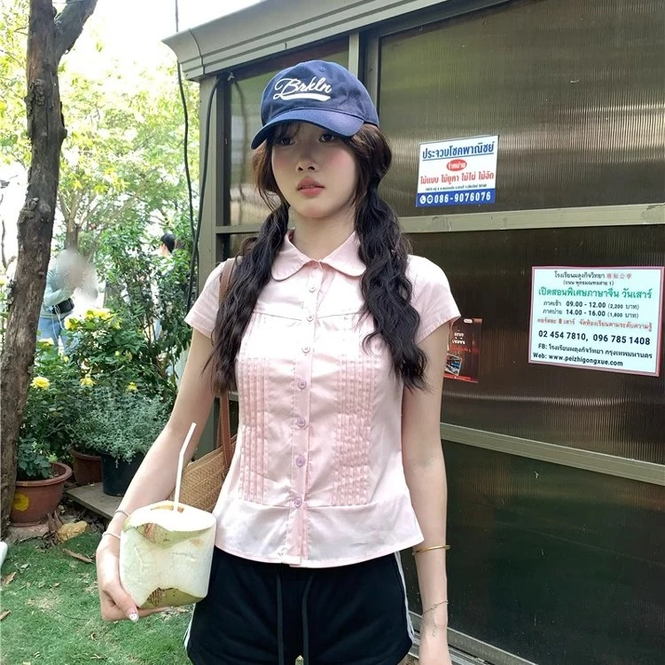 短袖夏季衬衫INS风短款条纹学院风通勤百搭衬衣小众甜美复古拼接