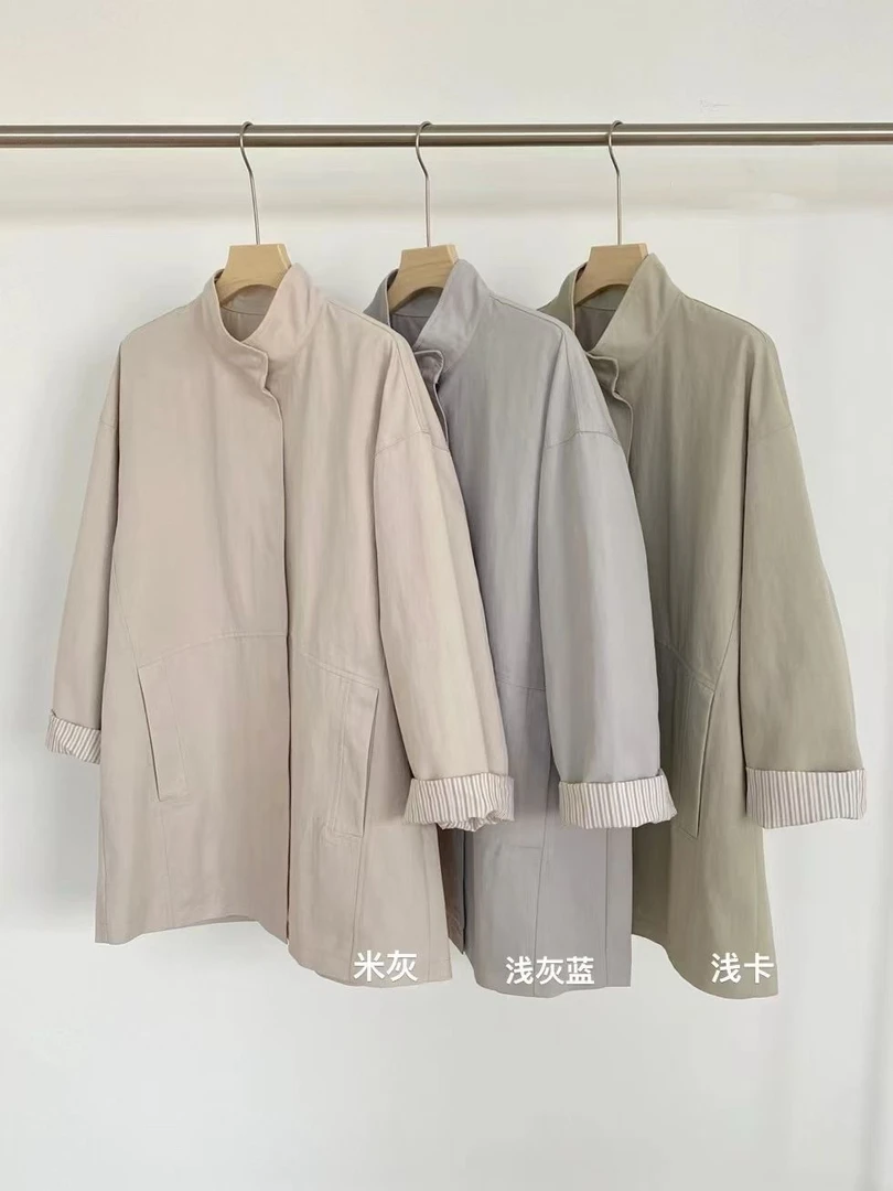 简约韩系风衣撞色休闲中长款翻领外套女