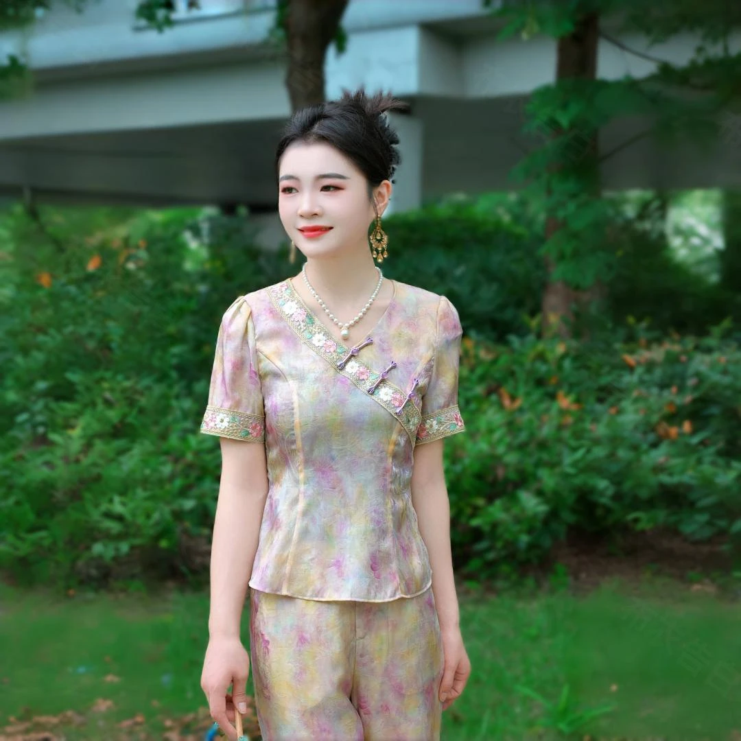 鑫-BYGB【云绣芳菲】2025夏款国风高端斜襟盘扣显瘦上套装2859