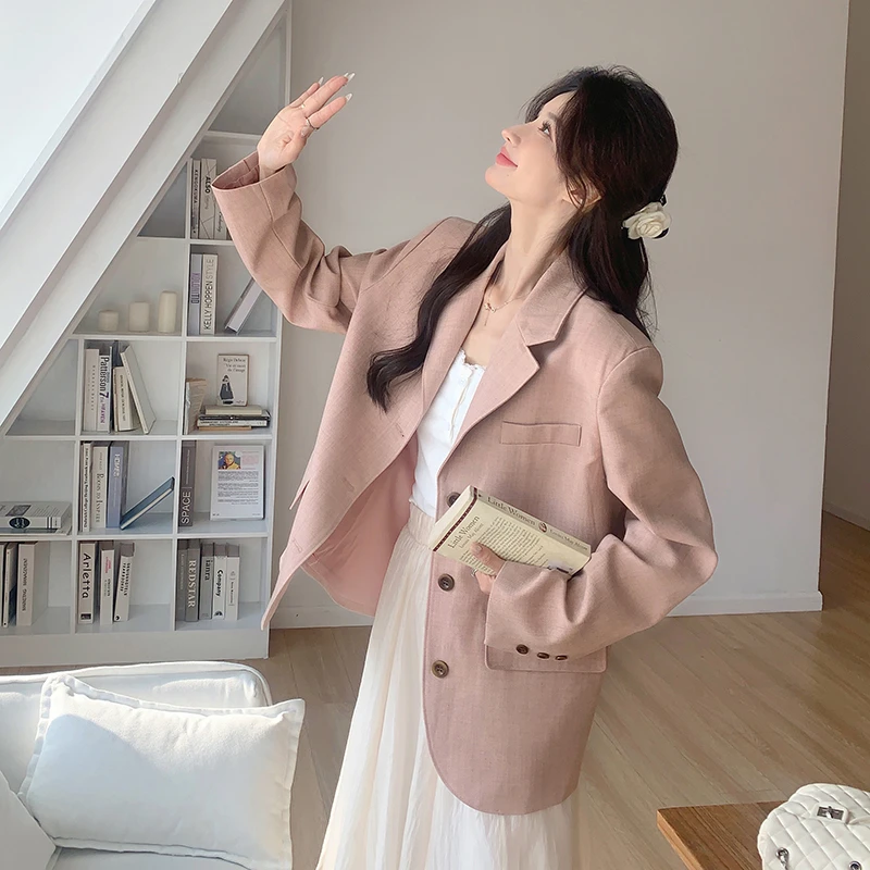 设计感流行粉色西装外套女2025年春季新款韩版宽松休闲西服上衣