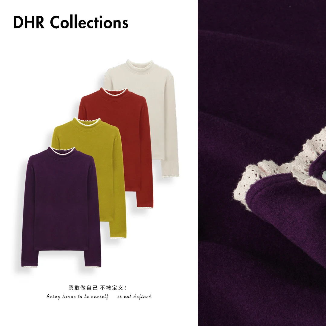 豆豆11【双面发热绒】拼接蕾丝边半高领保暖长袖打底衫T恤-25QD1031