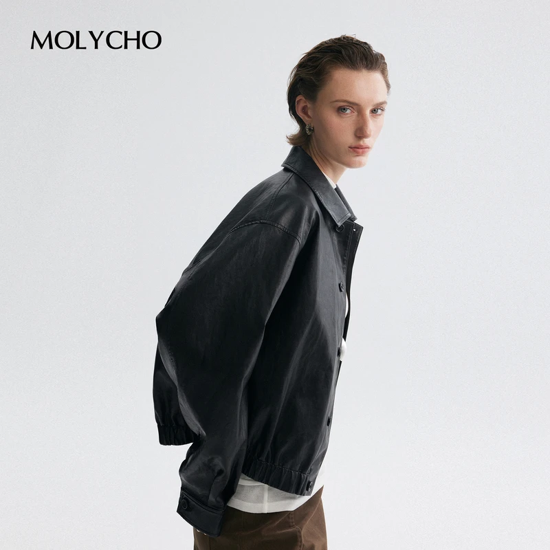 MOLYCHO｜酷飒风_复古翻领机车皮衣女_短款pu皮夹克外套