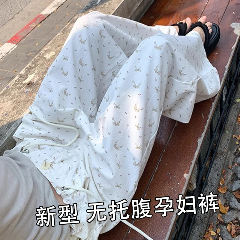 孕妇阔腿裤夏季薄款外穿2025新款休闲慵懒蝴蝶结印花高腰直筒裤子