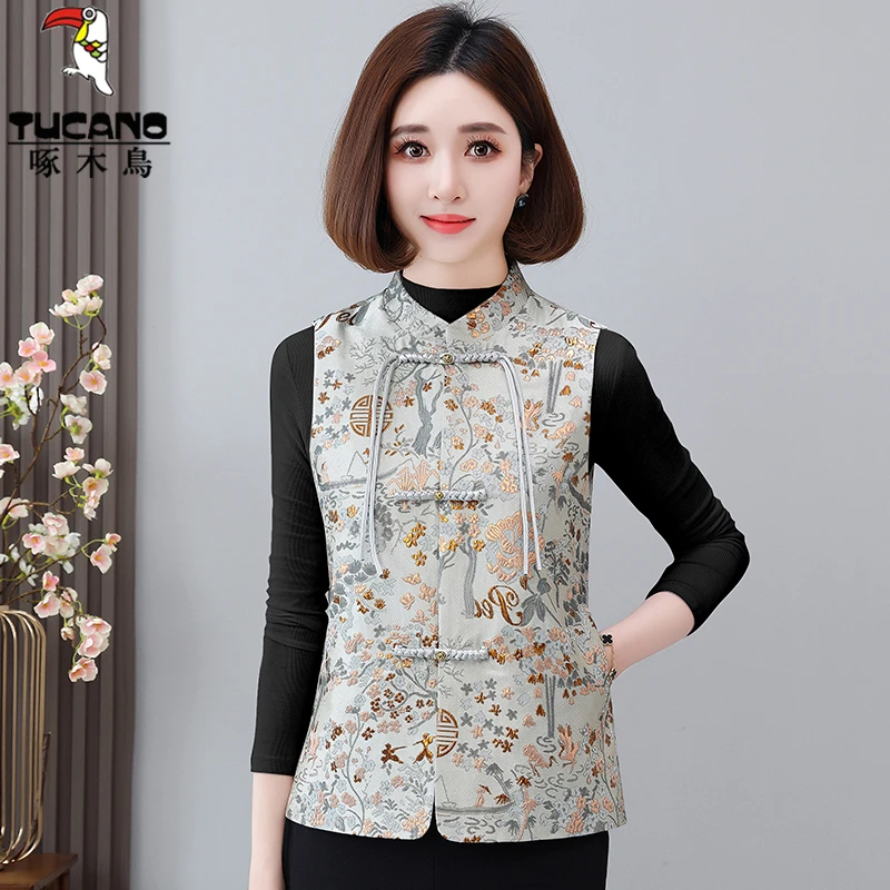 啄木鸟新中式国风刺绣马甲坎肩上衣女春秋2025新款民族风马夹外套