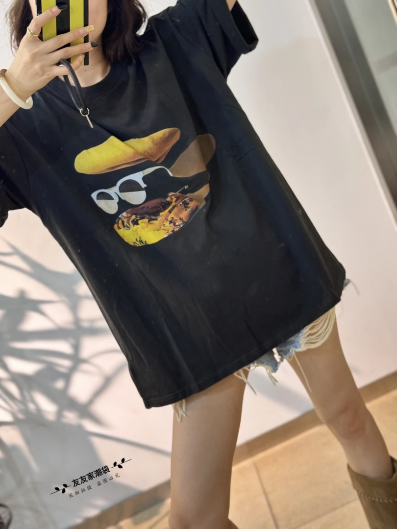 【友友家】小众设计帽子眼镜宽松大板T恤休闲时尚百搭情侣中长款