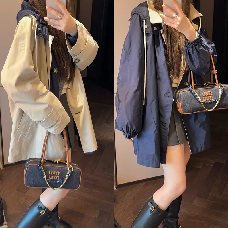 【mimius】U 25早秋两面穿双层撞色宽松连帽风衣外套 G08023