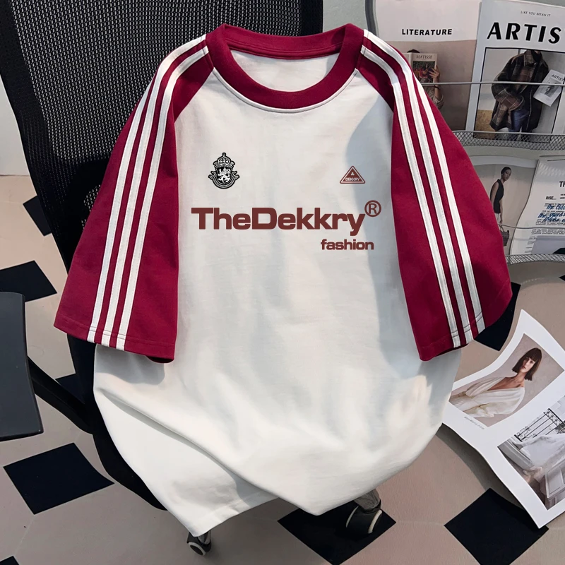 Dekkry潮流个性创意字母宽松纯棉短袖T恤男女夏季插肩三条杠上衣
