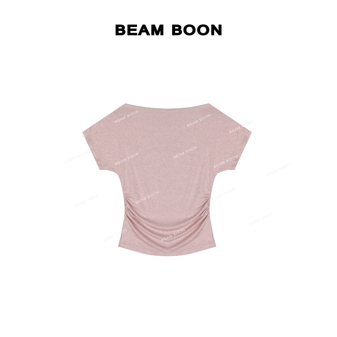 Beam Boon|【贵妃T】凉感莱赛尔羊毛一字领露肩抽褶收腰显瘦短袖
