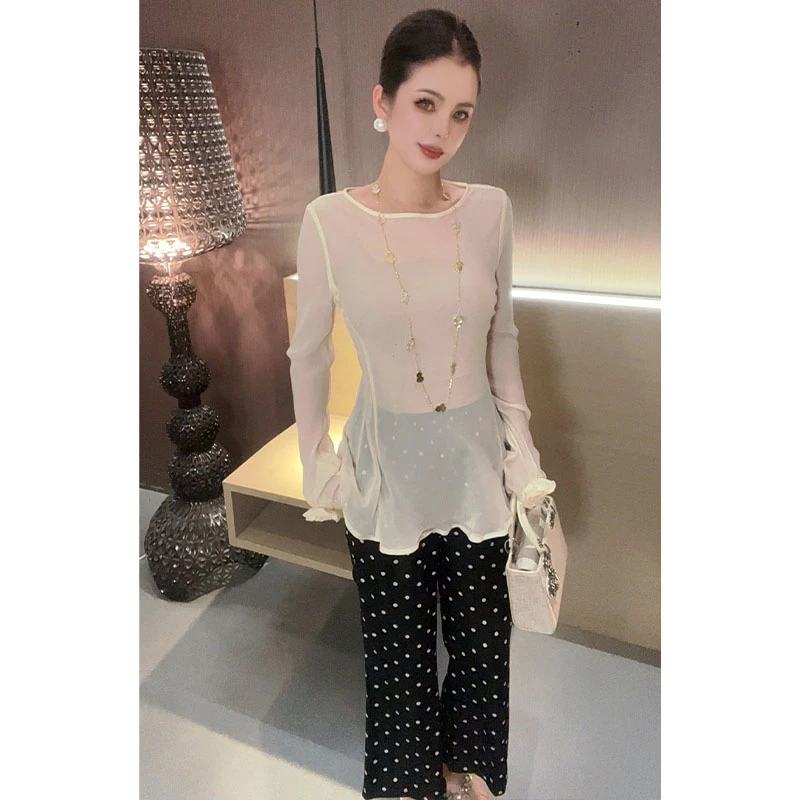 松紧腰波点九分阔腿裤K30812