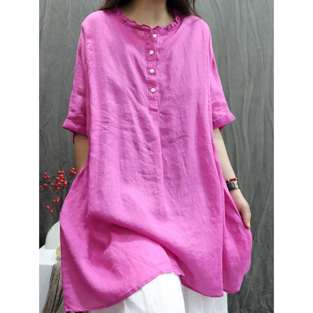 2025年夏季新款复古苎麻宽松大码衬衫纯色刺绣百搭七分袖娃娃衫女
