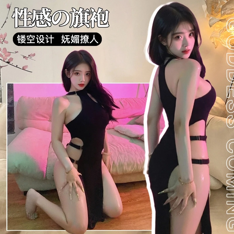 性感工厂直销显瘦漏腰睡裙修身长夜漫漫高开叉长裙旗袍火辣睡衣
