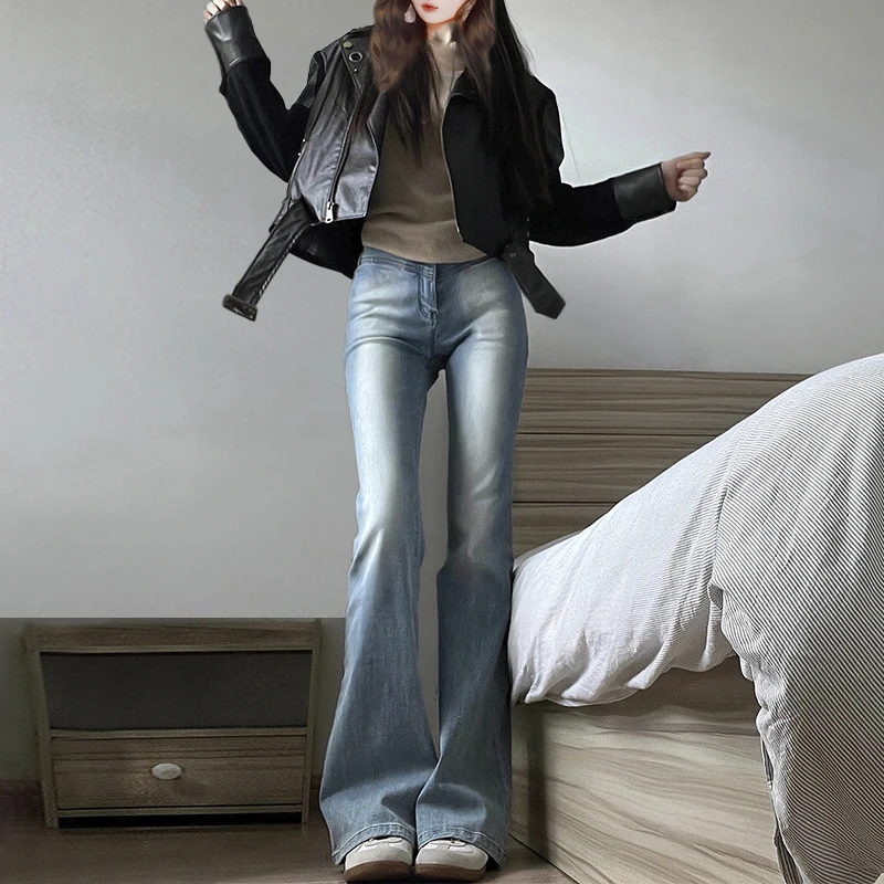 裤长110cm 秋冬浅蓝色中腰微喇牛仔裤女加长修身拖地堆叠喇叭裤