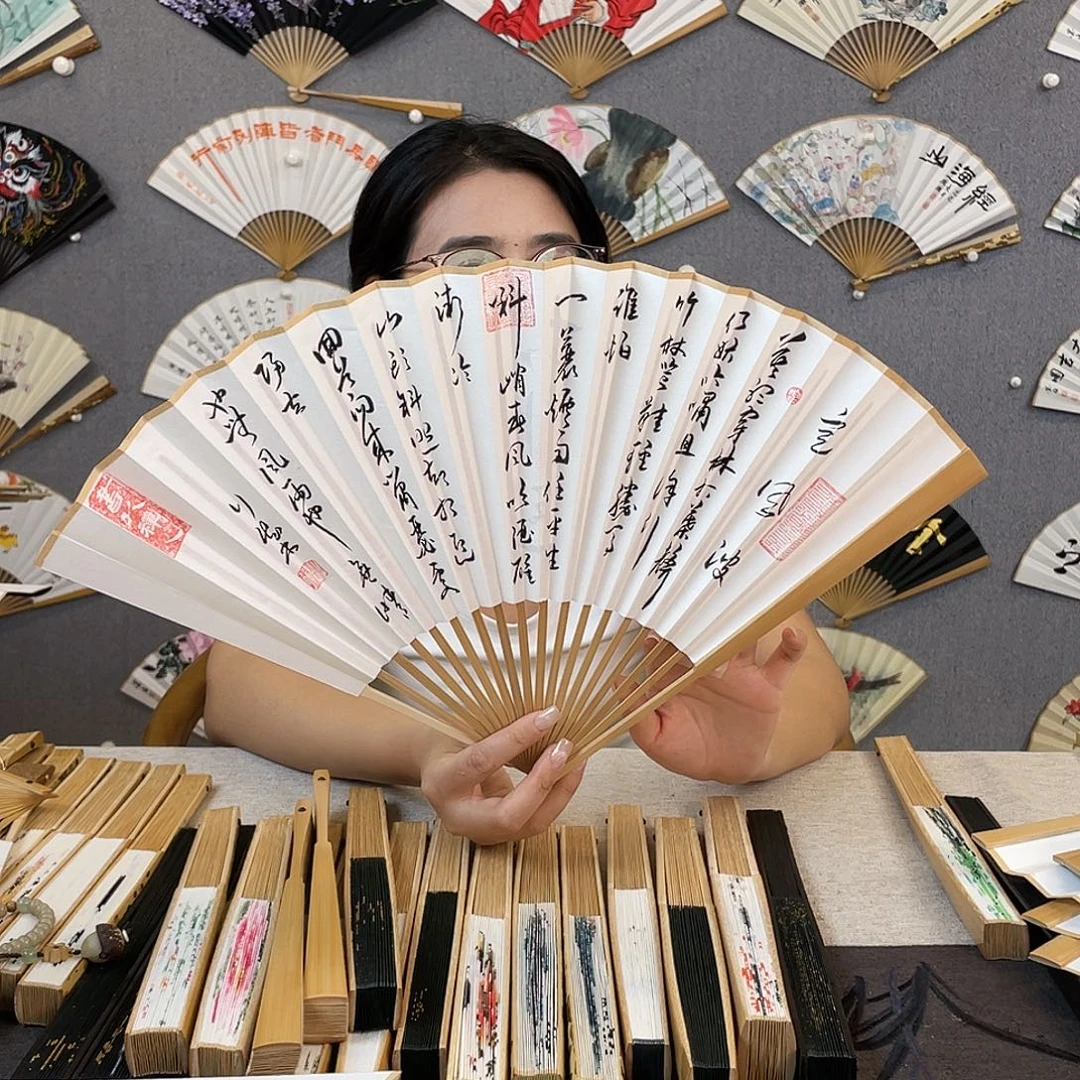 国画95寸玉竹-纯手绘-文玩扇骨（默认粘好）