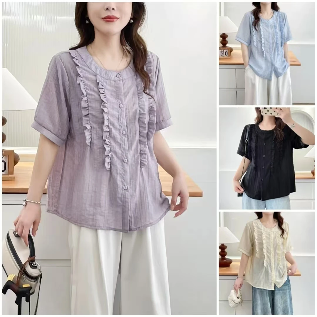 大码胖mm夏季韩版休闲显瘦遮肉时尚宽松透气花边圆领短袖小衫减龄