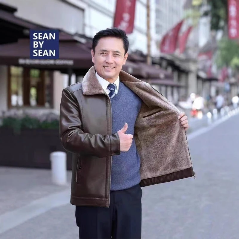 中老年男士皮衣冬季加绒加厚翻领皮夹克皮毛一体爸爸装保暖外套