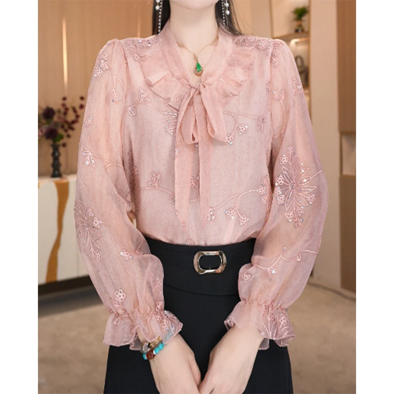 CYM1819设计感2025新款洋气飘带领长袖宽松减龄上衣