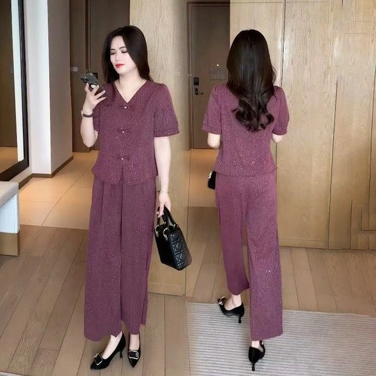 时尚套装女2025夏季新款洋气V领短袖上衣阔腿裤子两件套