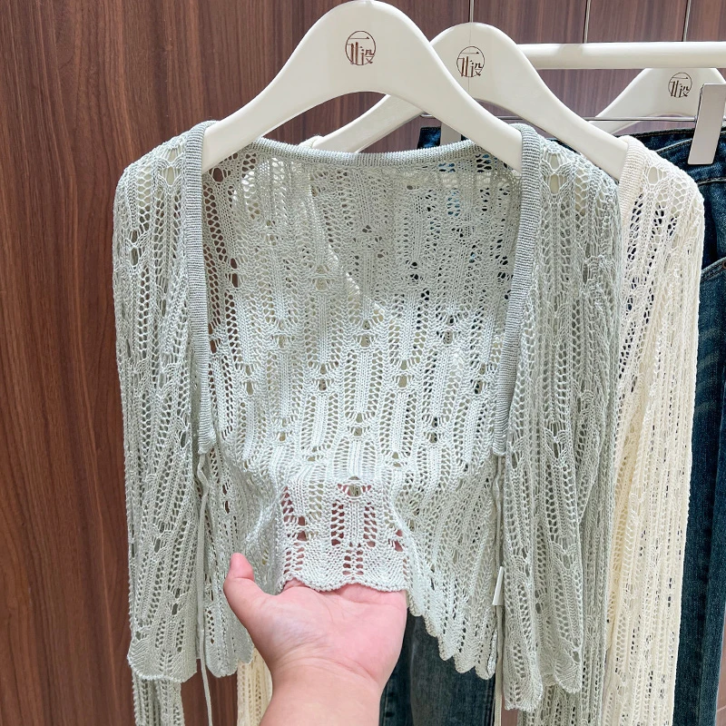 韩版镂空针织防晒衣女新款宽松长袖开衫上衣配裙子外搭网纱空调衫