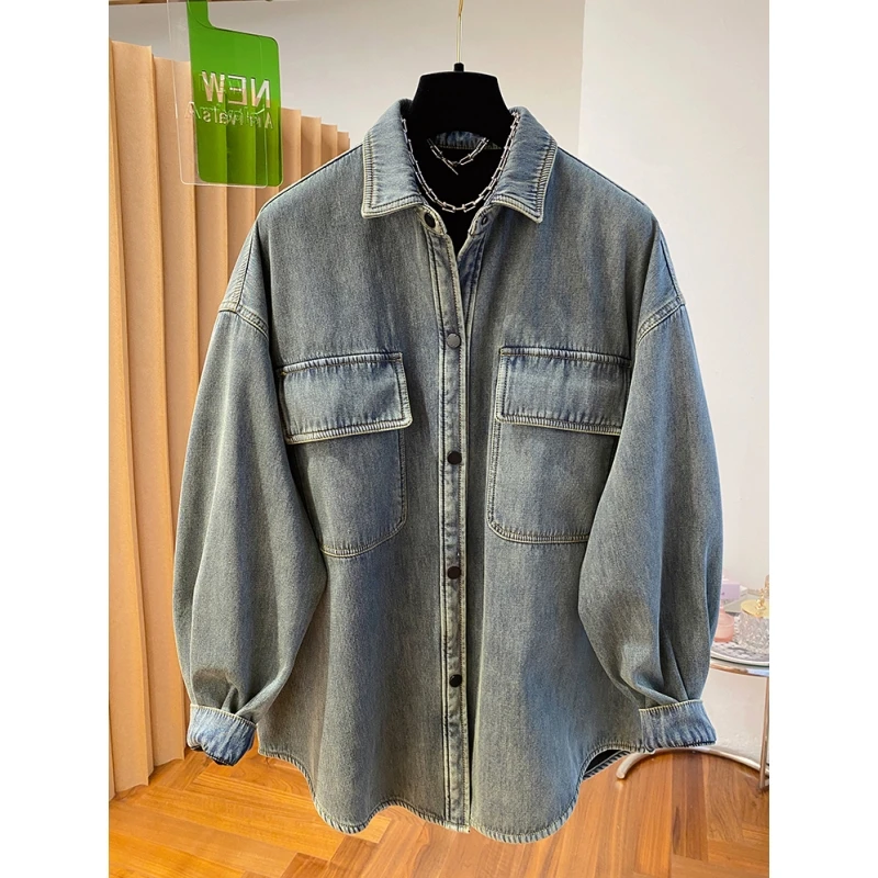 欧货复古百搭牛仔衬衫外套女2025春季新款宽松叠穿外穿长袖衬衣女