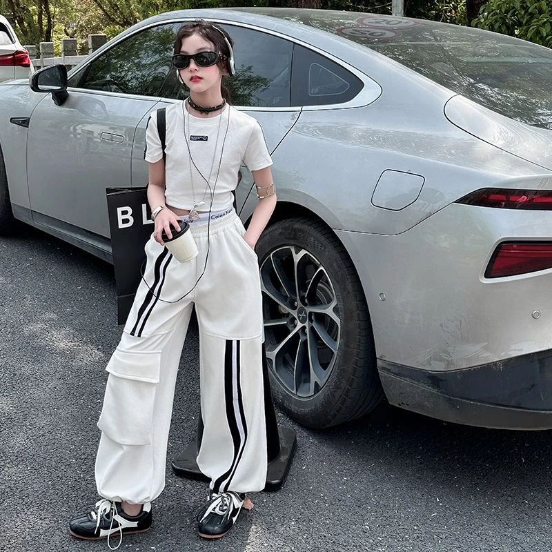 女童休闲套装女夏季新款美式杠条正肩短袖T恤阔腿长裤两件套